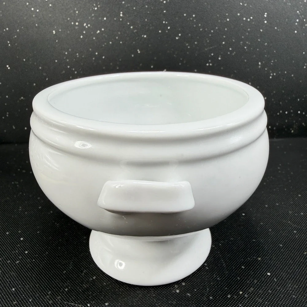 Crate & Barrel White Porcelain Footed Soup Bowls Dishes with Handles Set of 2
